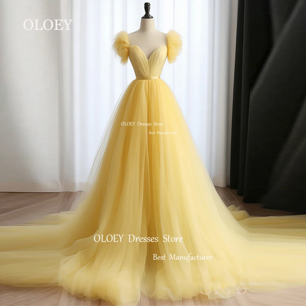 

OLOEY Yellow Prom Dress Wedding Photoshoot Sweetheart A Line Formal Party Dress Soft Tulle Long Bridesmaid Dresses Zip Lace Up