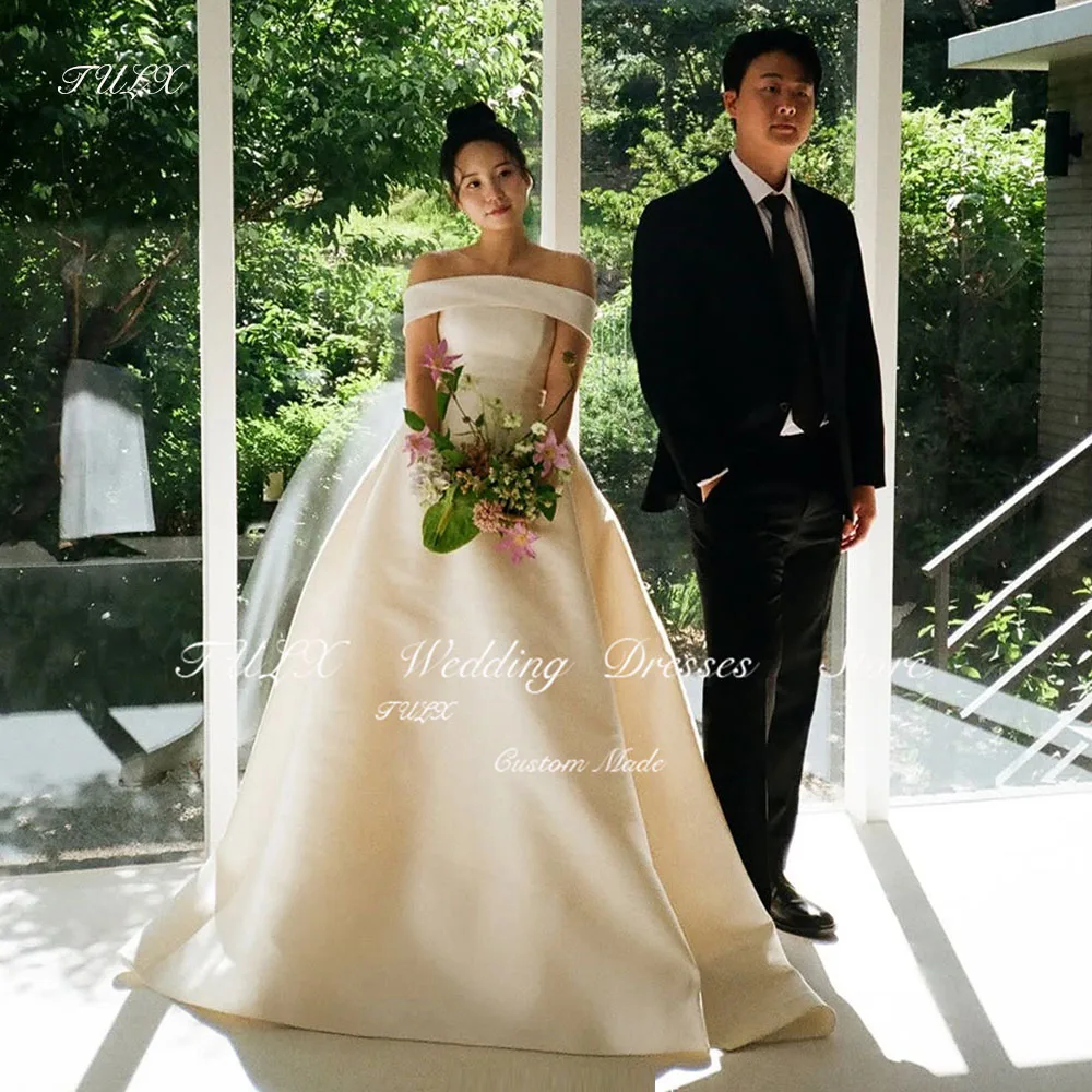

TULX Simple Ivory Satin Korea Wedding Photo Shoot Dress Strapless Detachable shawl Long Bridal Gowns Corset 웨딩드레스 Customized