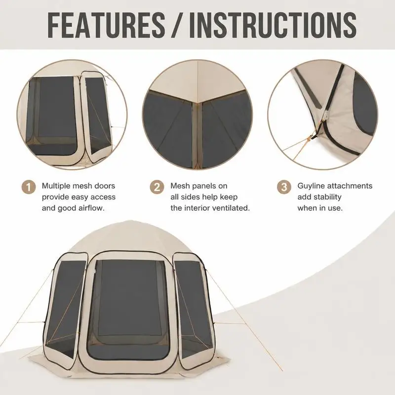 Carpa Grande con Toldo Extensible y Paredes de Malla, Toldo Portátil con Mosquitera para Patio, Camping y Fiestas, Refugio Fácil de Instalar con Bolsa de Transporte, Beige, 10x9.2 Pies, Capacidad para 4-8 Personas