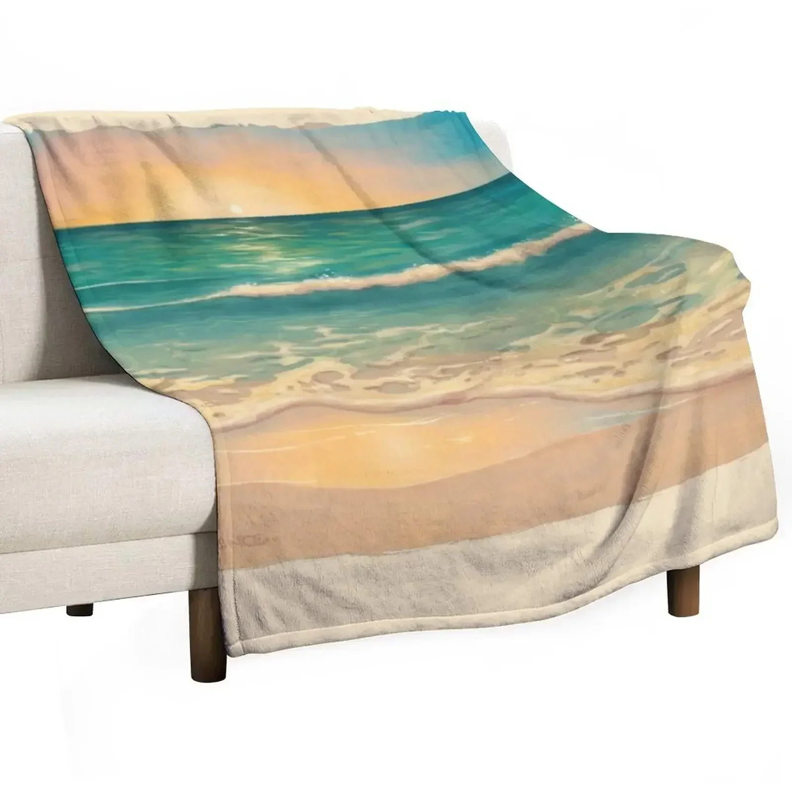 Golden Seafoam on the Beach Painting Throw Blanket Tourist Large Cute Multi-Purpose Blankets