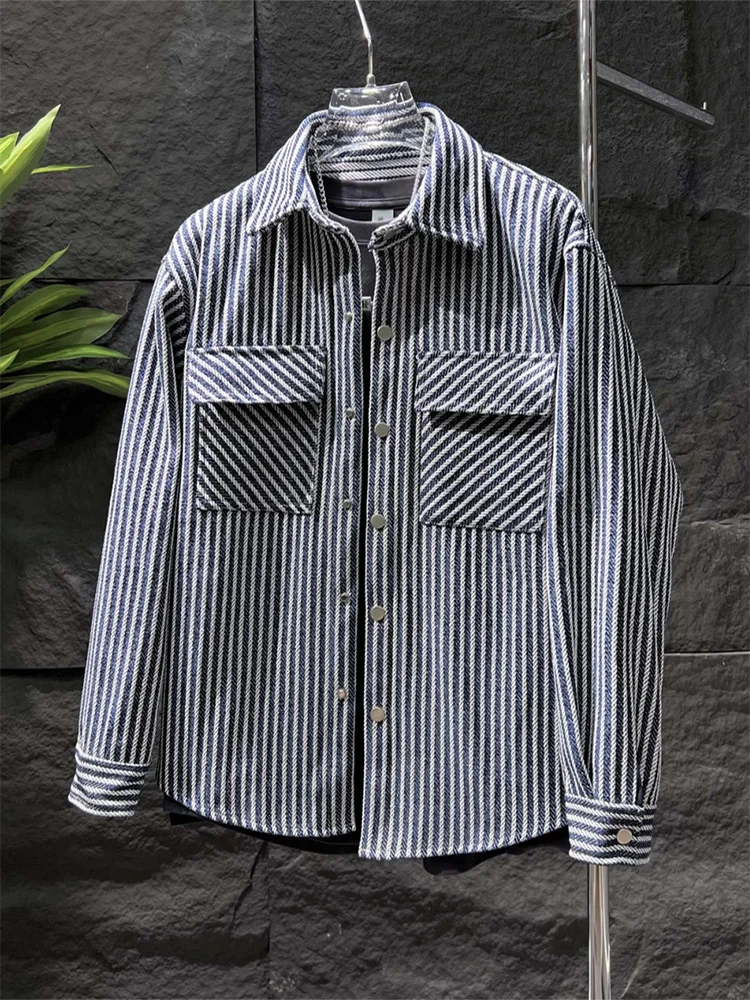 

Autumnal Casual Striped Long Sve irt Vintage Tailored Loose Fit Trendy Collared Outerwear for Men by NK