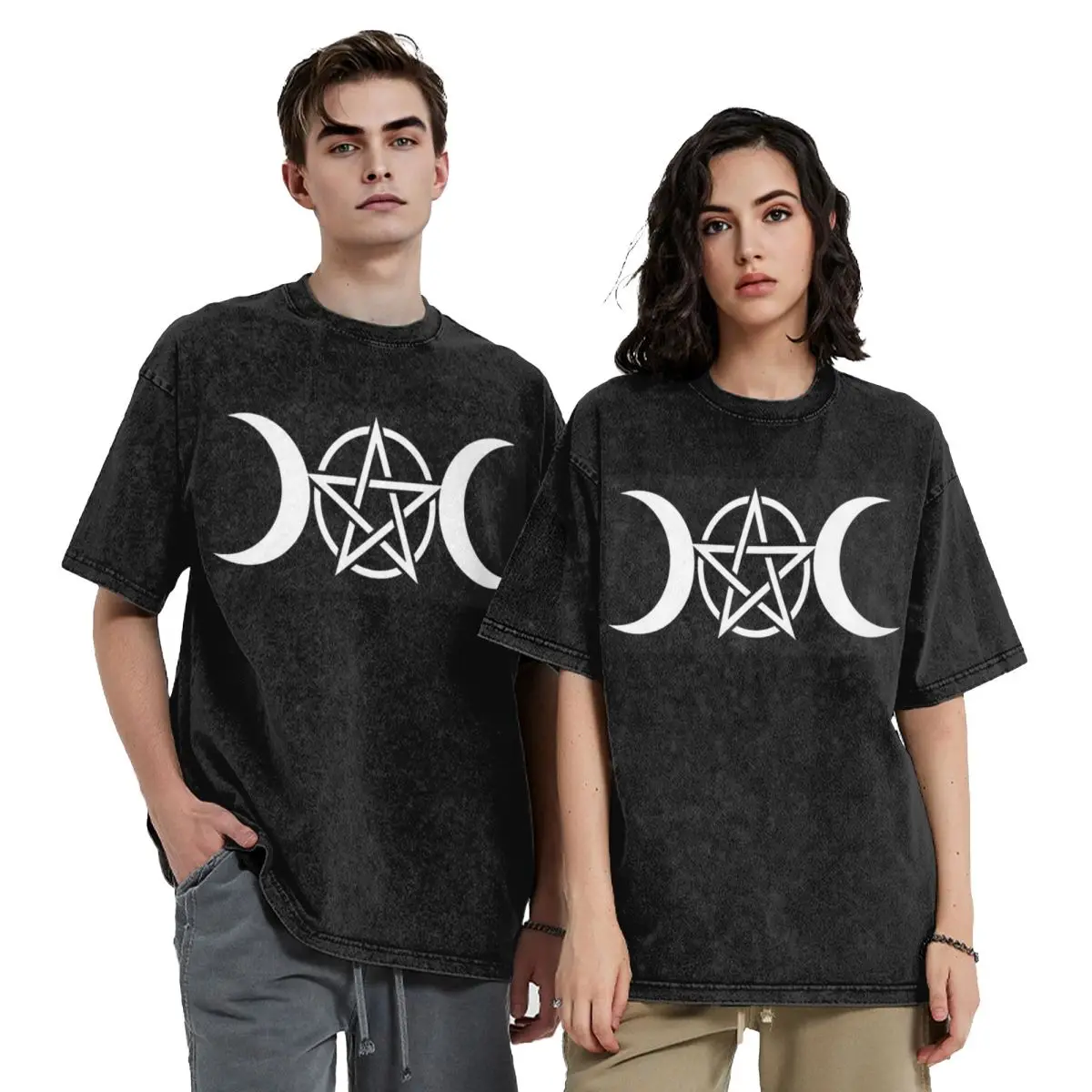 Triple Moon With Triskelion Pentagram Pagan Wiccan Hip Hop Short Sleeve T-Shirts Washed Tops Tees Streetwear T Shirt Printed