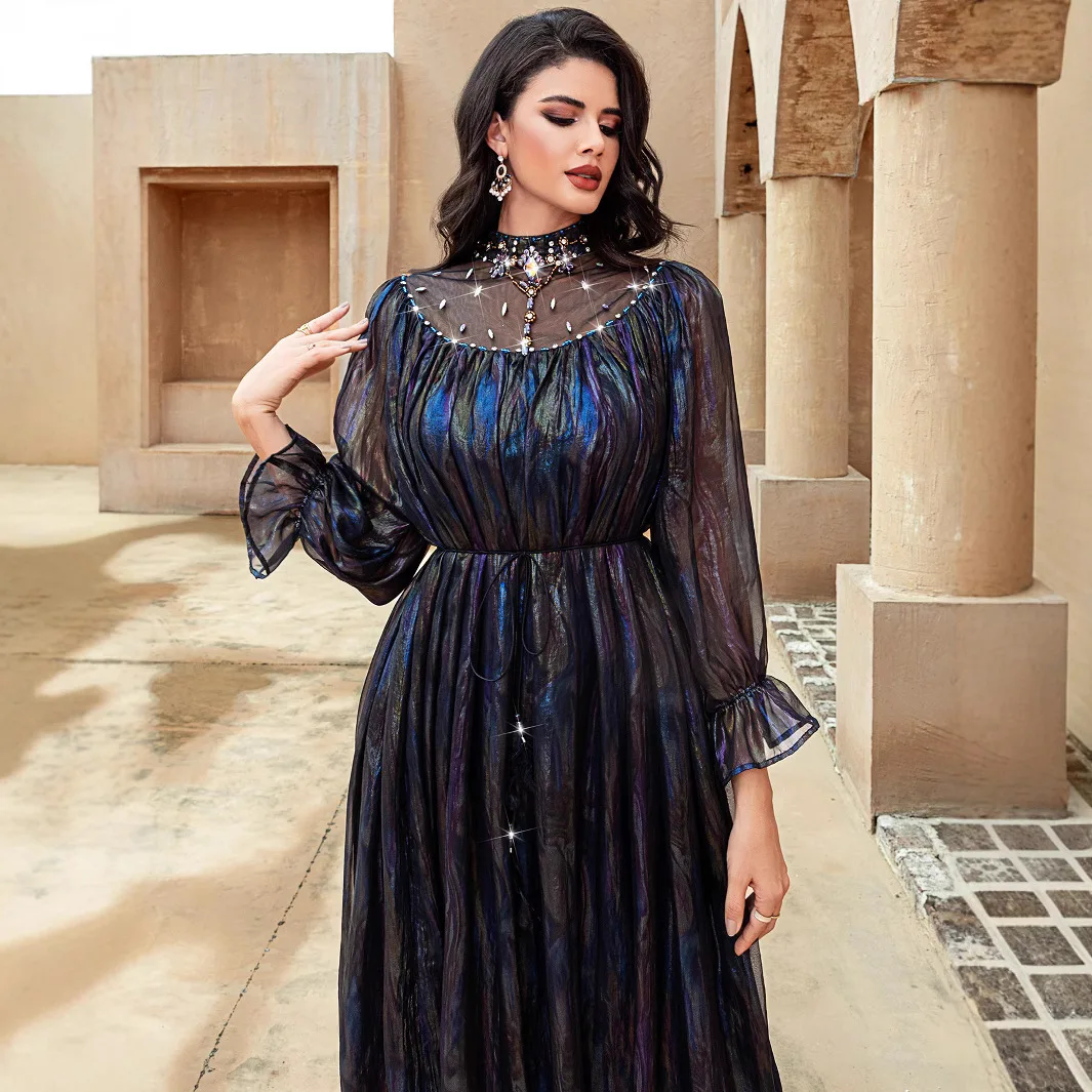 

Ramadan Dubai Abayas for Women Fashion Diamonds Evening Dress Muslim Mesh Kaftan Femme Musulmane Vestidos Islam Jalabiya Caftan