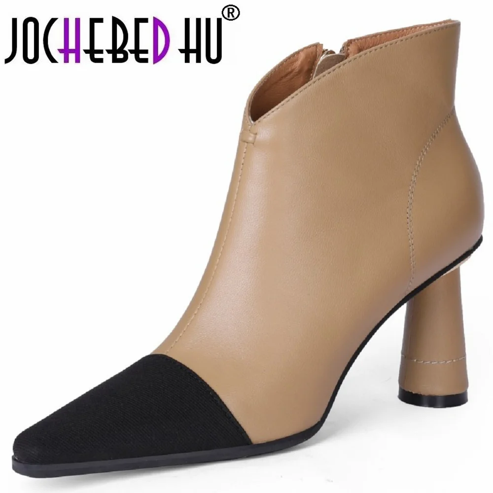 

【JOCHEBED HU】New Fashion High Heels Ankle Boots Brand Design Patchwork Leather Women Shoes Luxury Zip Female Boots 33-40