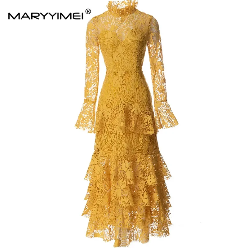 

MARYYIMEI Fashion Design Spring Summer Women's Lace Stand Collar Flare Sleeved Hollow Out Embroidery High Street Dresses