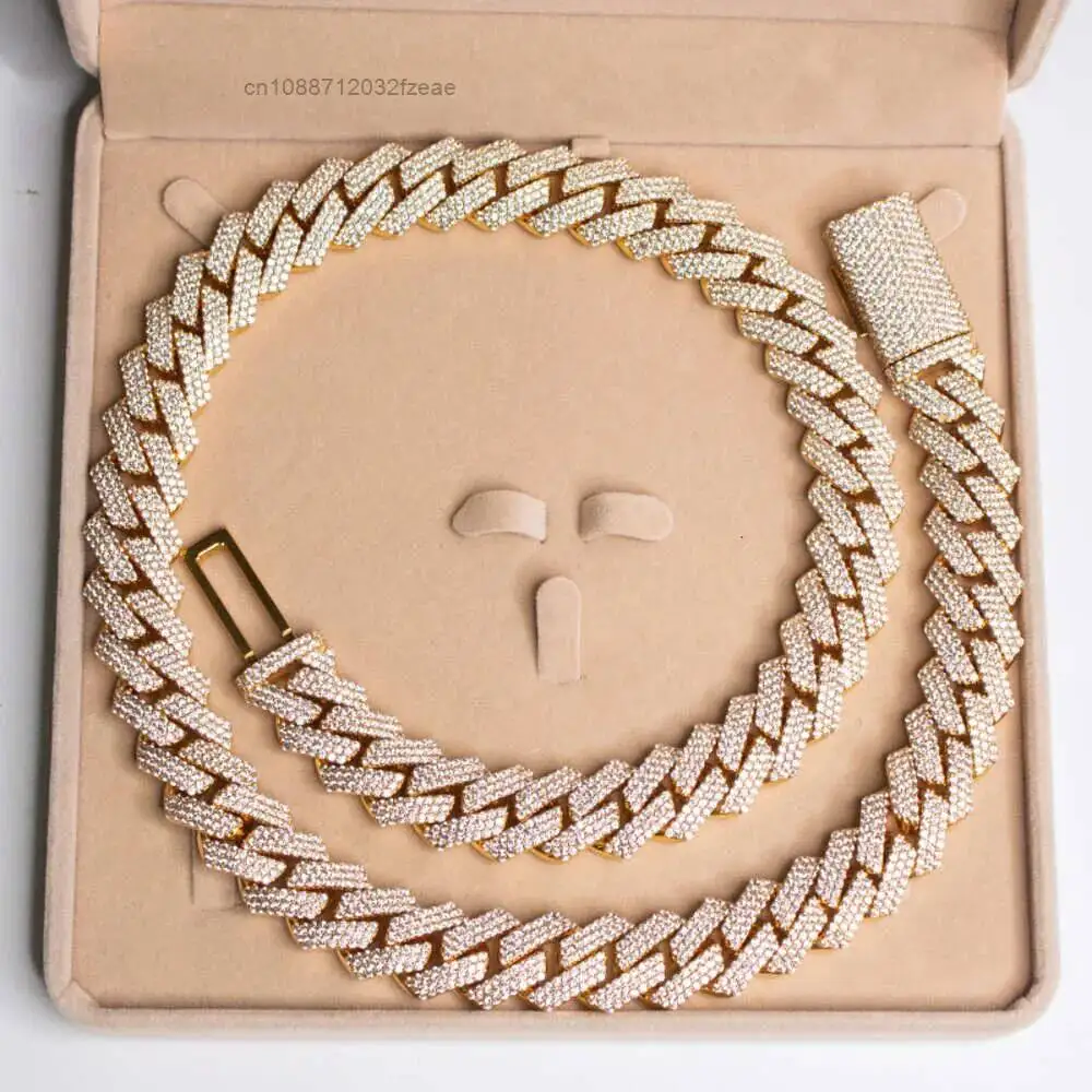 Luxury 18mm 3 Row Bust Down Iced Out Miami Prong Setting Mossanite Cuban Link Hip Hop Necklace Vvs Moissanite Cuban Chain.