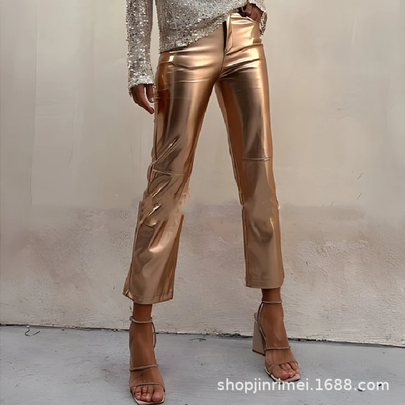American Summer 2024 Women\'s New Patchwork Elasticized High-waisted Pocket Bright Face Fashion Solid Color Slim Casual Pants