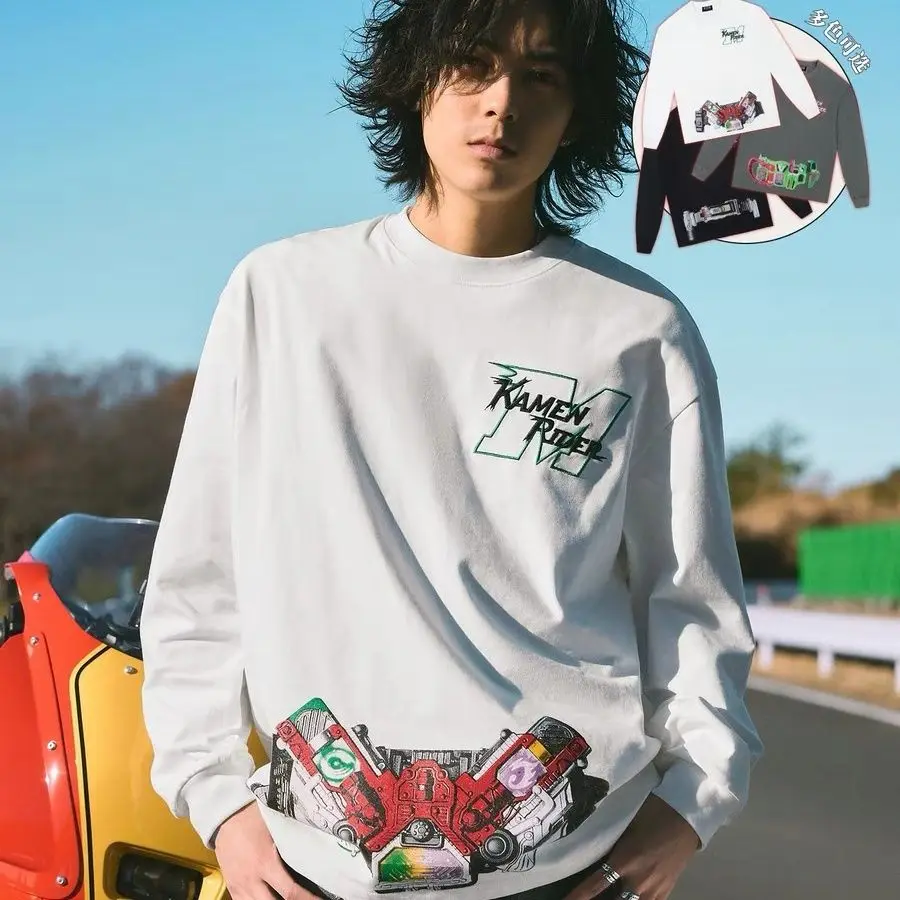 仮面ライダー変身ベルトコス長袖Tシャツ、アメリカンヴィンテージカジュアルトップ