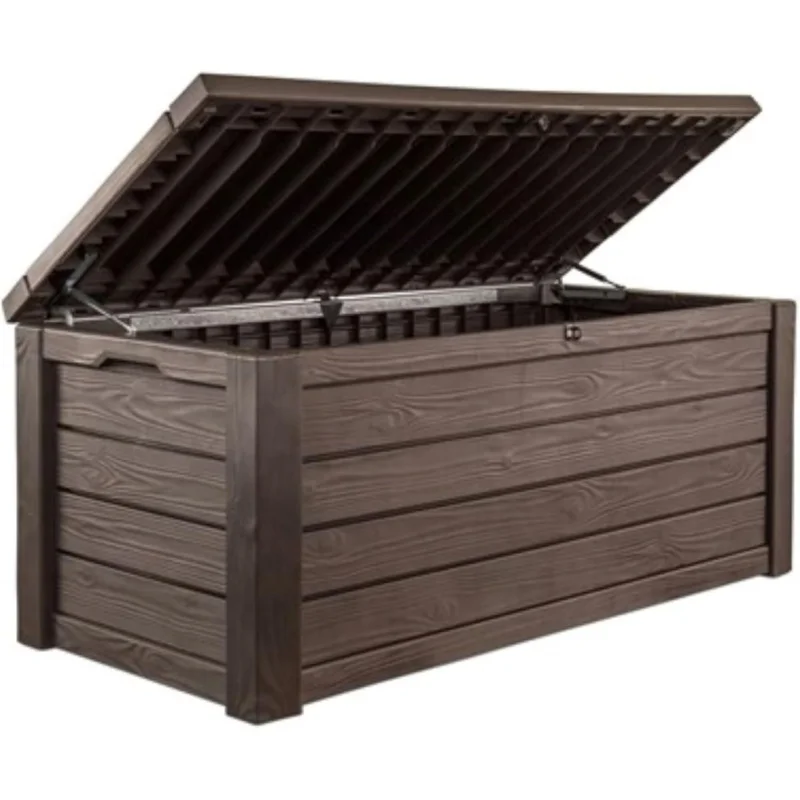 Outdoor Storage Deck Box,150Gallon(about45.7L)Resin Yard Trash Can and Bench,Wood Grain,Brown