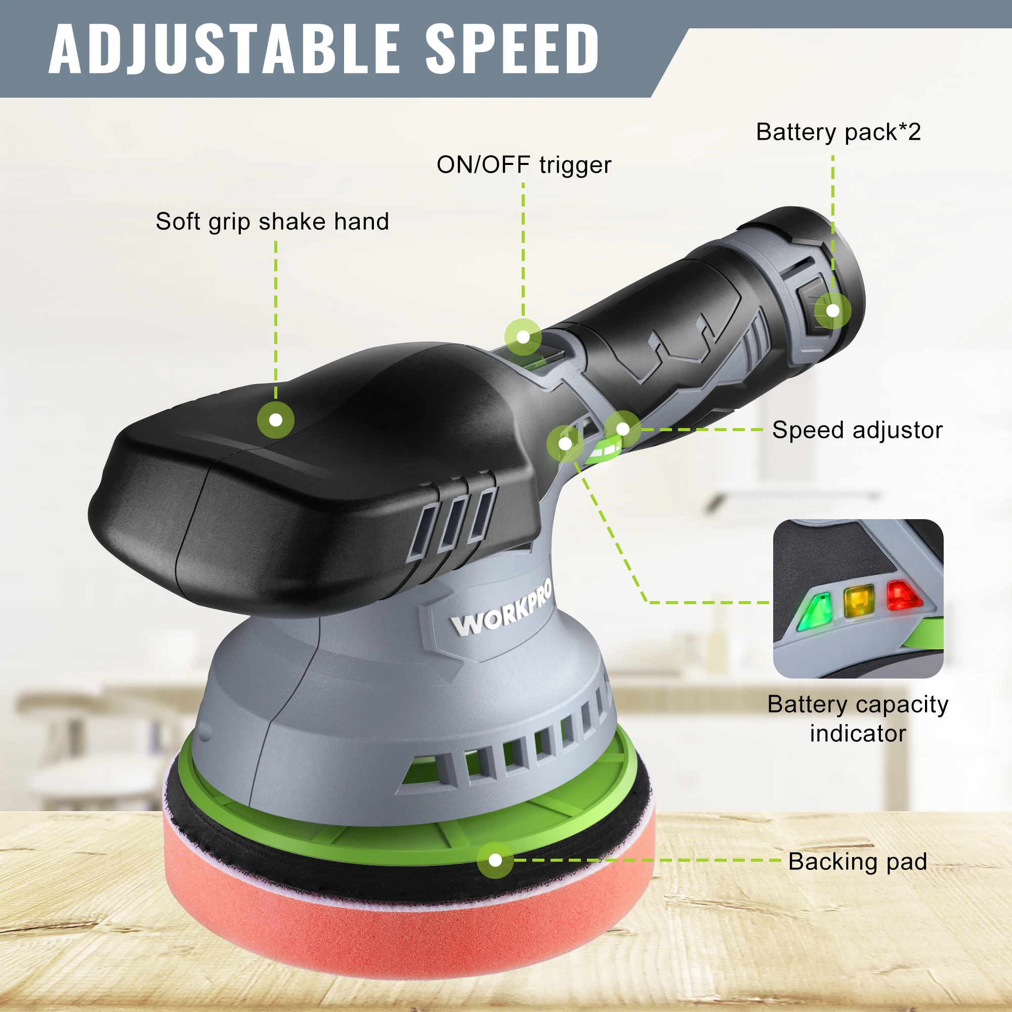 WORKPRO-Cordless Dual Car Polisher, Electric Dual Action, Wireless Polishing Machine, Waxing Power Tools, 12V