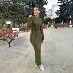 Dress Set Women Solid Round Neck Sleeveless Long Dresses Two Piece Sets Mid Length Coats Open Stitch Slim Fit Knitted 2024