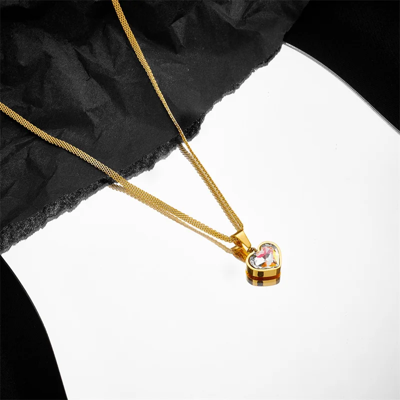 Ramos Stainless Steel Sparkling Colorful Cubic Zirconia Heart Pendant Necklaces For Women Girls Wedding Choker Necklac