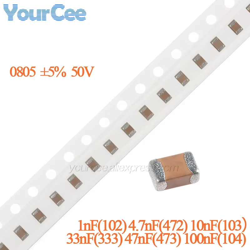 100pcs/lot 0805 SMD Capacitor ±5% 50V X7R 1nF 4.7nF 10nF 33nF 47nF 100nF 102 472 333 473 103 104 Capacitance