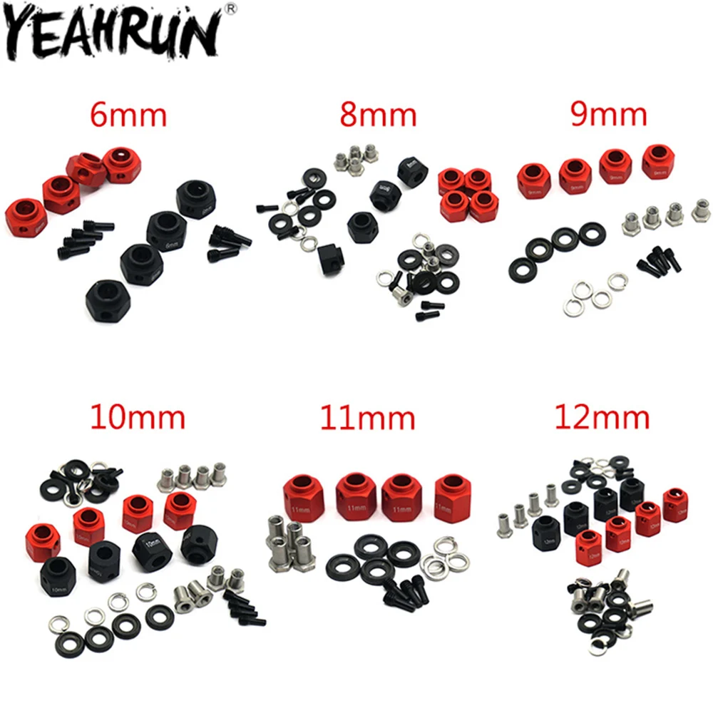 YEAHRUN 4PCS Wheel Hex 12mm Drive Hubs Adapter with Pins Screws 6/8/9/10/11/12mm for 1/10 RC Crawler TRX4 Axial SCX10