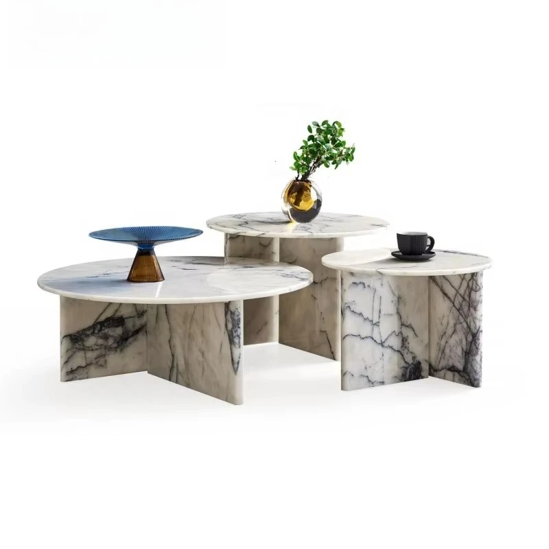 &Italian Luxury Marble Coffee Table Set High-Class Modern Natural Grain Stone End for Living Room Furniture