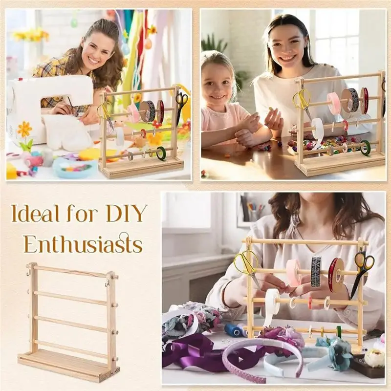 B84B 4 Tiers Wooden Ribbon Rack, Ribbon Spool Holder Storage Display Shelf - for Craft Ribbon Stand for Sewing, Ribbon