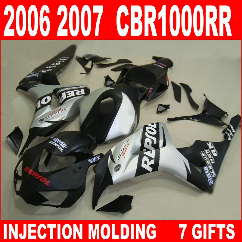 Factory outlet for HONDA CBR1000RR 2006 2007 fairings cbr 1000 rr 06 07 new black silvery plastic fairing +7 gifts KGB94