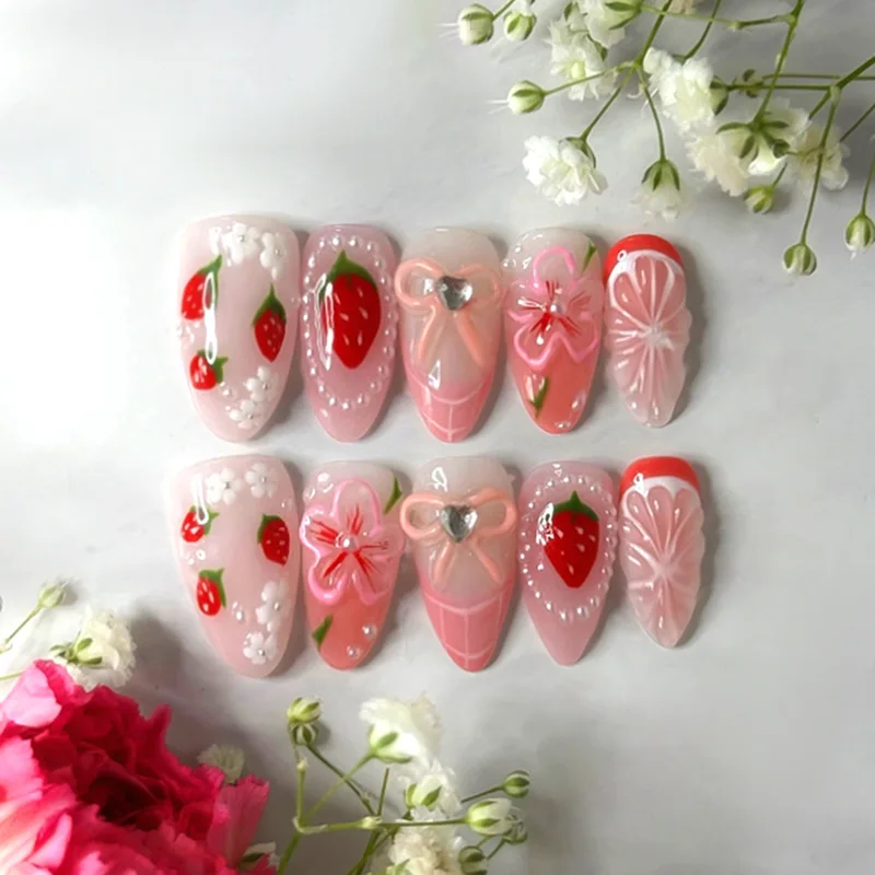 

24PCS 3D Pearl Strawberry French Wearing Armor Flower Bow Fake Nail Sweet Girl Press on Nails with Jelly Glue Nail Repair Tool