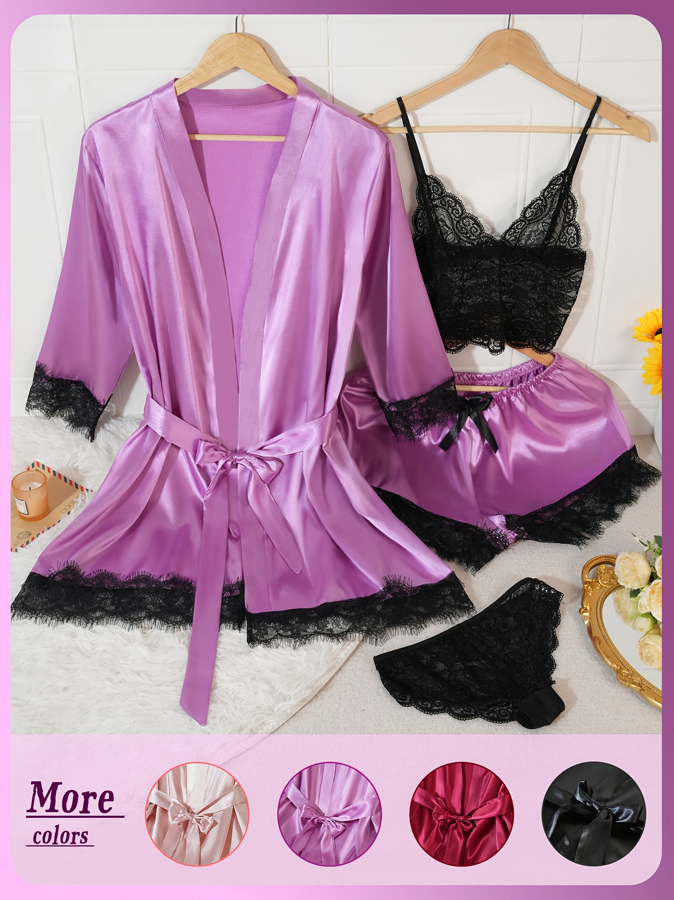 

4pcs Women's Elegant Nightgown Pajama Set - Long Sleeve Lace Trim Bathrobe & Underwear, Soft Sleepwear for All-Season