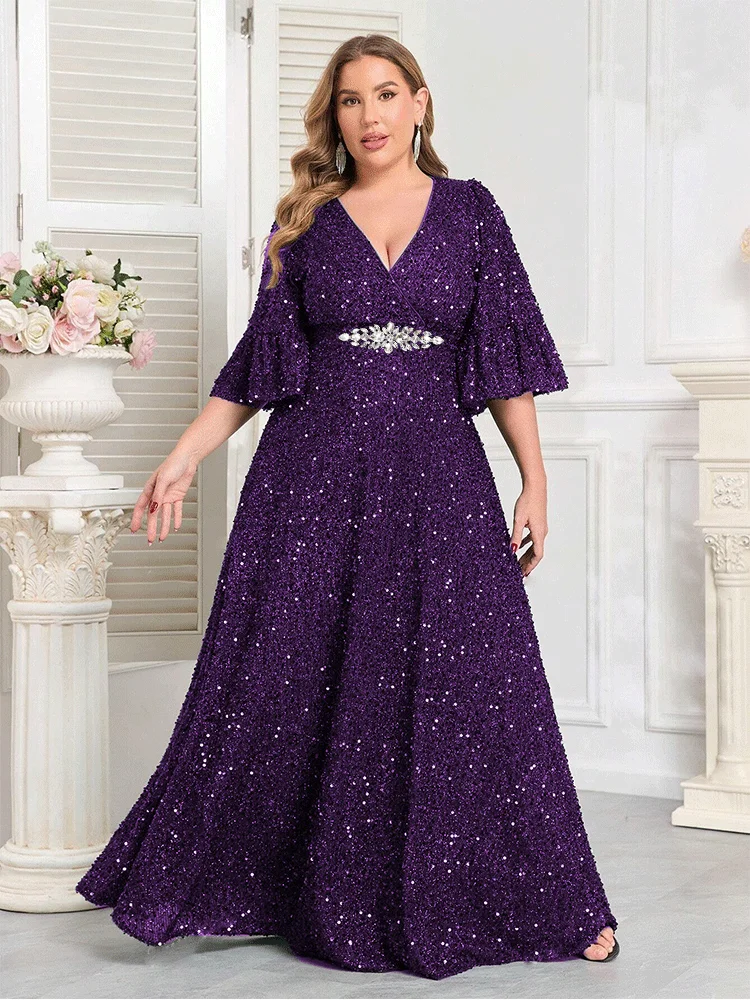 Plus Size V Neck Short Sleeve Floor-length Kind Sequin Evening Dress 4XL 5XL BigSize Wedding Banquet Floor-length Prom Gowm
