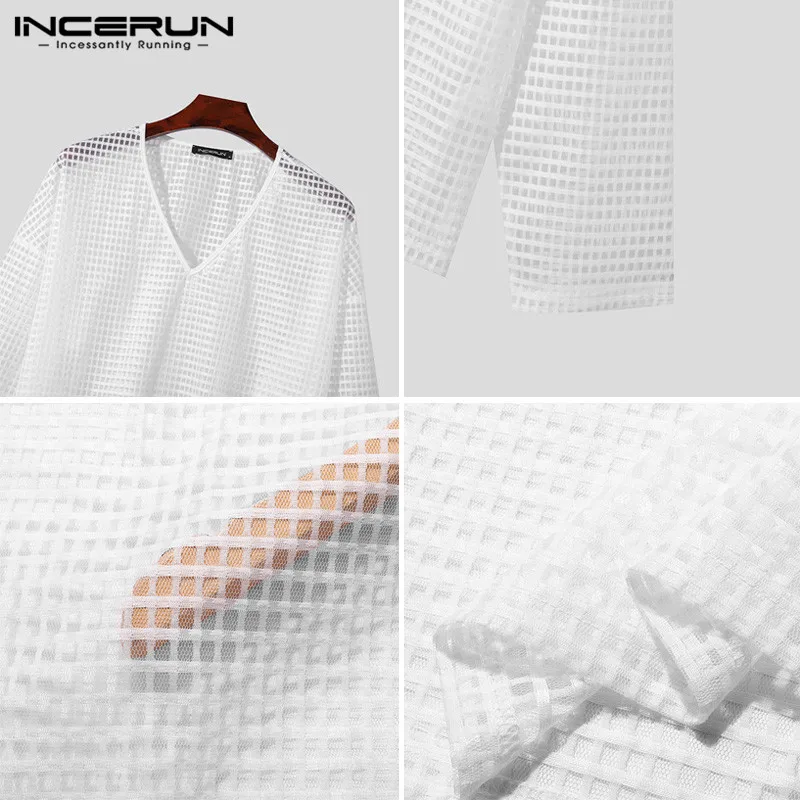 Stylish Casual Style Tops INCERUN New Mens Solid Checkered Perspective T-shirts Male V-neck Shoulder Long Sleeved Camiseta S-5XL