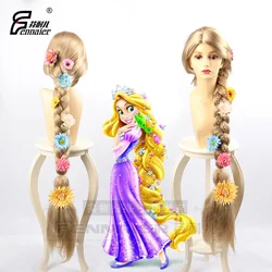 Peluca de princesa enredada Rapunzel para mujer, peluca de Cosplay, trenza rubia, juego de rol, cabello trenzado dorado largo con flores, Halloween