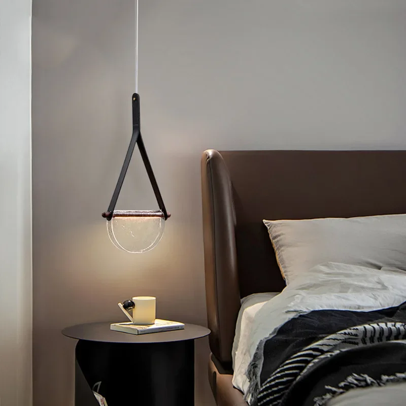 Modern Leather LED Pendant Light Translucent Semi-circle Glass Chandelier for Dining Table Restaurant Bar Decor Art Hanging Lamp