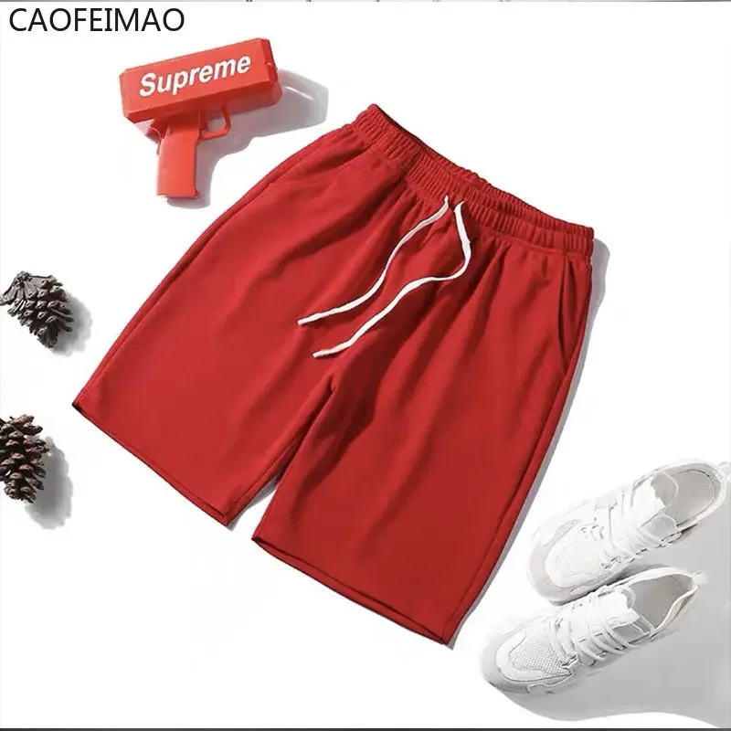 Caofeimao 2025 Summer Beach Pants Man Shorts Casual Male Elastic Waist Drawstring Pocket Wide Leg Short Trousers