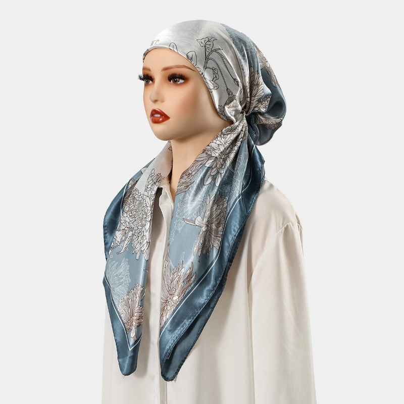 Satin Floral Print Instant Hijab Women Elastic Turban Hat Pre-Tied Head Wrap Soft Glossy Muslim Headscarf Daily Prayer Headwear