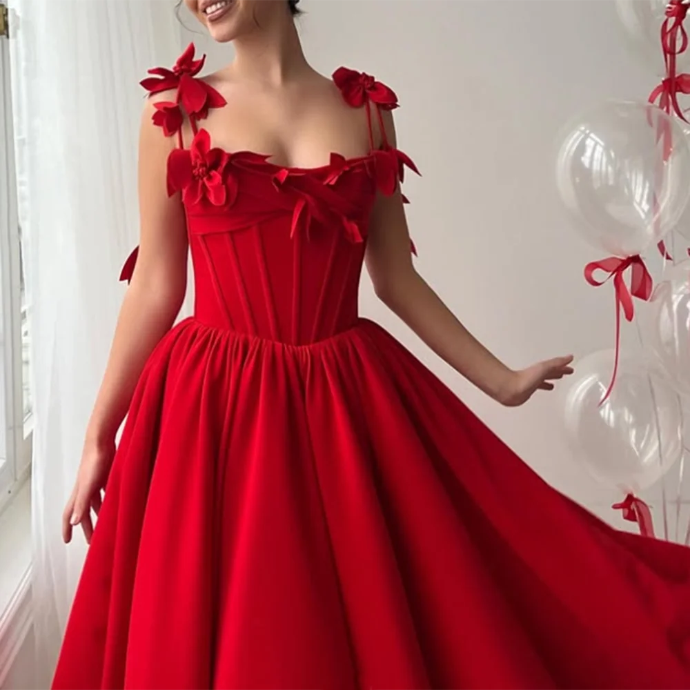 Abiti da ballo a trapezio rossi personalizzati Abiti da sera senza maniche con cinturino per spaghetti con fiocco al tè Abito da festa drappeggiato alla moda semplice