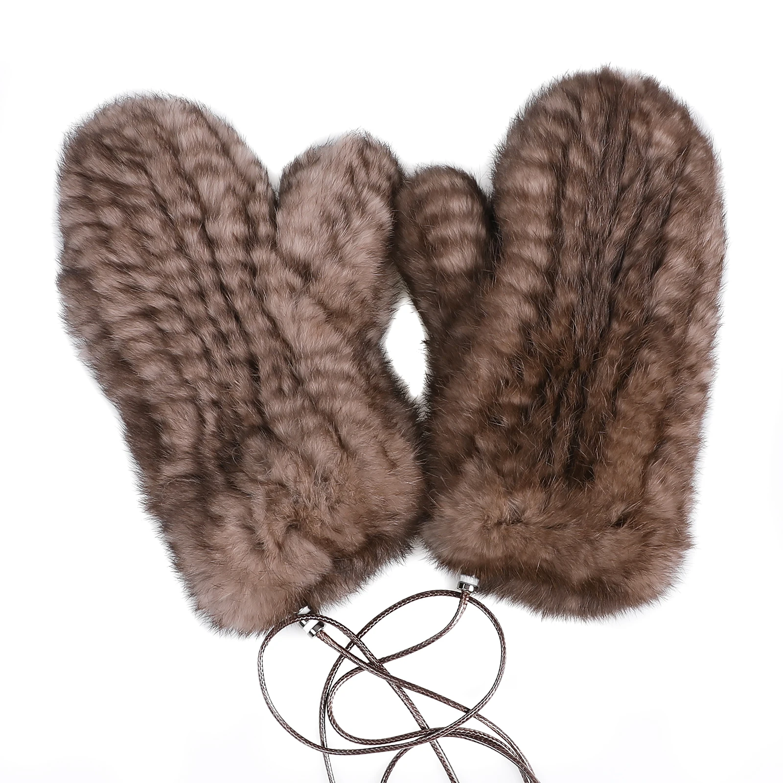 Luxury Women's Genuine Rabbit Fur Knitted Mittens-Soft Winter Cold Weather Gloves-Removable Rope String