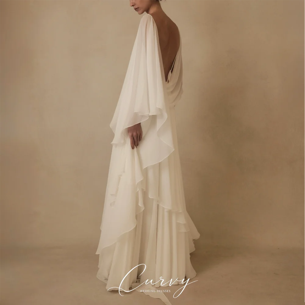 Curvy Modern Chic A‑Line Chiffon Wedding Dress Deep V Open‑Back Tiered Ruffle Skirt Maxi‑Dress for Civil Wedding 2026