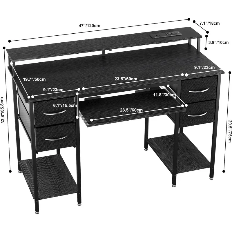 Computer Desk with Drawers and Power Outlets, 47 Inch Gaming Desk with LED Lights, Home Office Desk with Monitor Stand