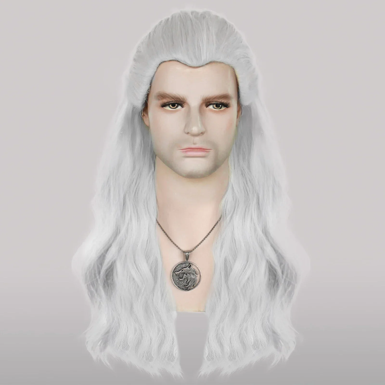 The Witcher 3: Wild Hunt Synthetic Hair Long Silver White Wavy Men'S Geralt Cosplay Wig for Halloween Christmas School