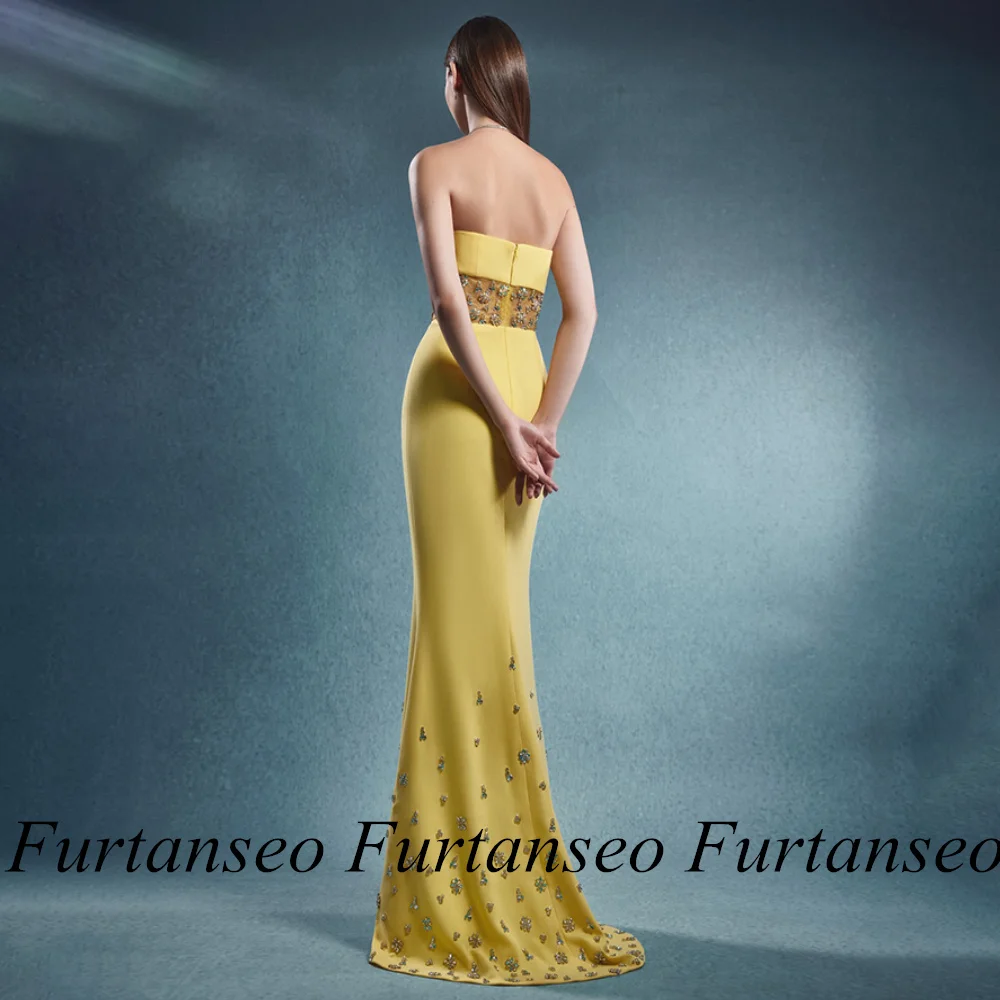 Yellow Party Dresses Strapless Customized Crystal Beading Mermaid Prom Gown for Pageant Sweep Train Robe Soiree Evening Dress