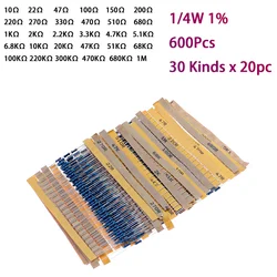 600pcs/set 30 Kinds 1/4W Resistance 1% Metal Film Resistor Pack Assorted Kit 1K 10K 100K 220ohm 1M Resistors