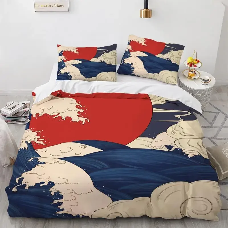 Wave Duvet Cover Set Hokusai Pattern Japanese Ukiyoe Quilt Cover Oriental Sketch Style Ocean Queen Twin Polyester Bedding Set