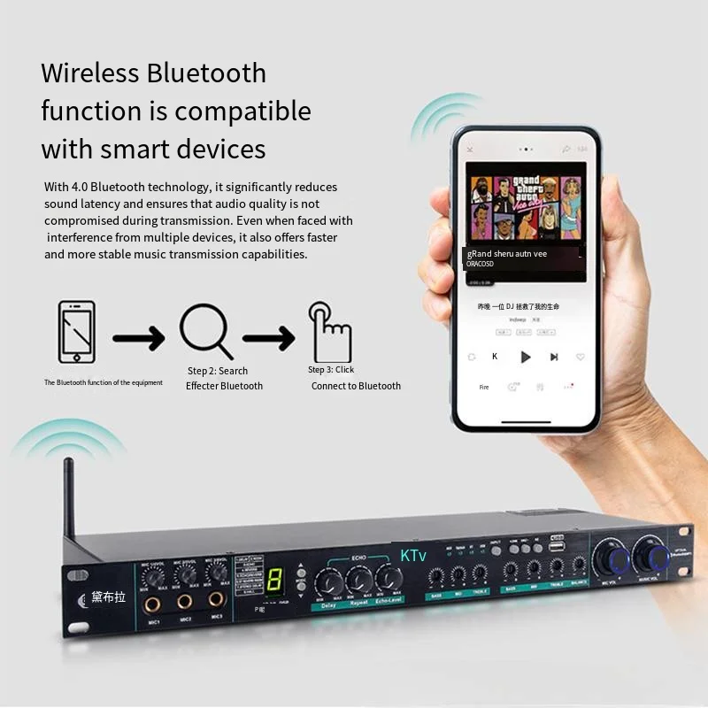 8DSP Bluetooth Reverb Professional Audio Processor Pre-Effects Anti-Howling Karaoke Home Stage Karaoke