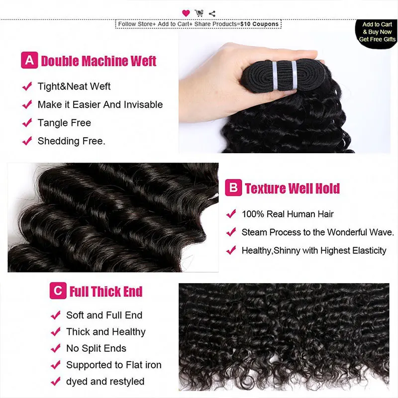 Bundles de cheveux humains Deep Wave, tissage brésilien, extensions de cheveux vierges, support et ondulé, 30 po, 1 pièce, 3/4 pièces