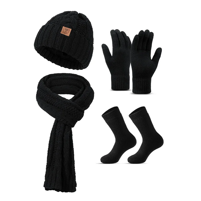 Hat, scarf, gloves and socks four-piece set with velvet and thickening for adults winter warm knitted hat set