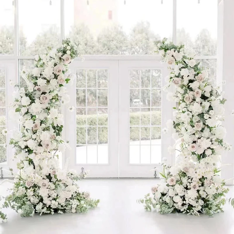 صف زهور مقوس على شكل قرن ، خلفية زفاف ، ترتيبات زهور ، أرضية طريق رصاص ، وردة بيضاء ، صفير ، ورقة خضراء ، ديكور حفلات #4