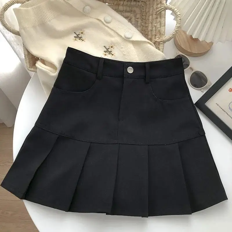 Grey Half Length Skirt Women Korean 2024 Summer New Preppy Style Pleated Skirt High Waist Word a Solid Color All-match Skirt