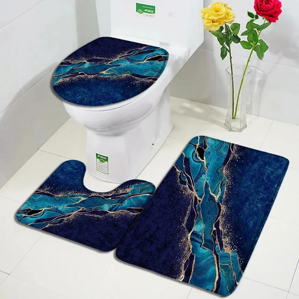 Abstract Marble Bath Mat Sets Modern Geometric Gold Lines Blue Texture Pattern Bathroom Decor Carpet Non-Slip Rugs Toilet Cover