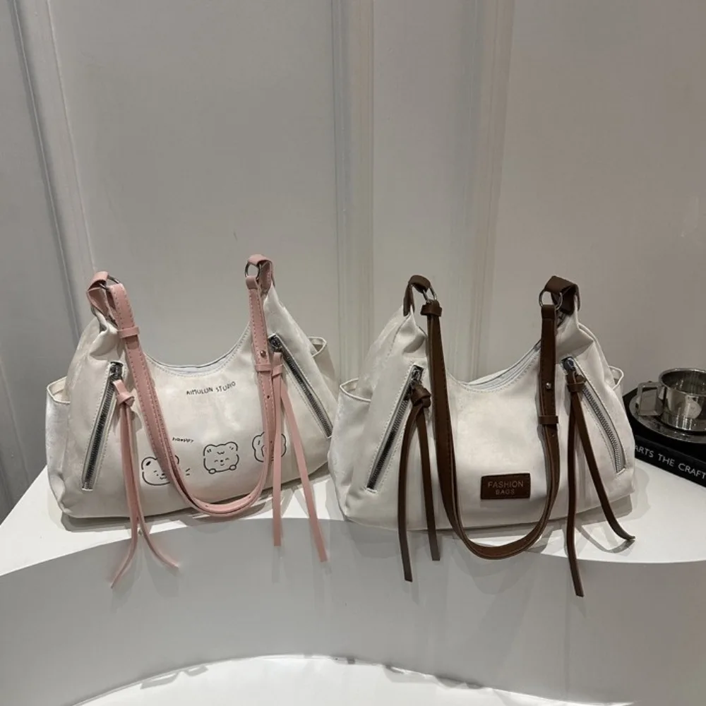 

Solid Color PU Leather Crossbody Bag Wide Shoulder Strap Korean Style Cartoon Shoulder Bag Tote Bag Dumplings Bag Underarm Bag
