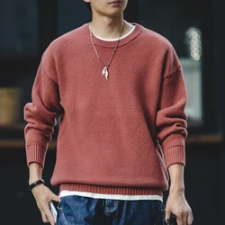 Maden Men Pullover Sweater Japan Retro Heavy Pineapple Grain Thick O-neck Knitted Oversize Harajuku Streetwear Casul Sweater