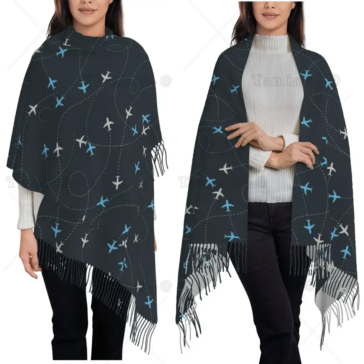 Airplane Flight Routes Captain Aviator Pilot Scarf Tassel Scarves Women Soft Warm Shawls and Wraps Large Fall Winter Shawl Wrap