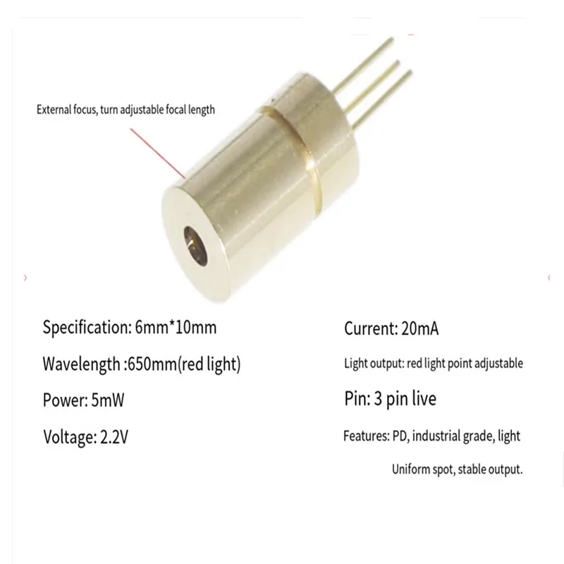 Промышленная лазерная трубка 6 мм/4 мм, лазерный диод с красной точкой 5 МВт и лазерной головкой с регулируемым фокусным расстоянием, 650 нм