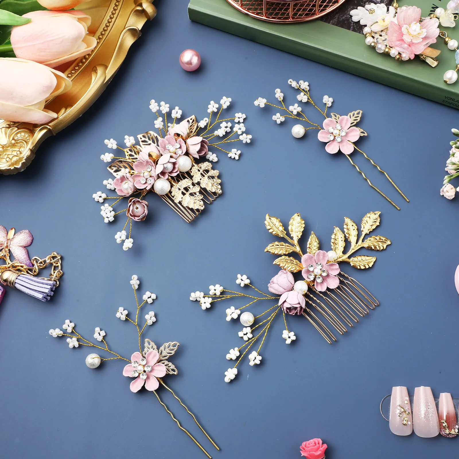 

1Set Pearl Flower Hair Side Combs Rhinestone Hairpins Bridal Wedding Hair Accessories Durable Alloy Women Flower Hairpins