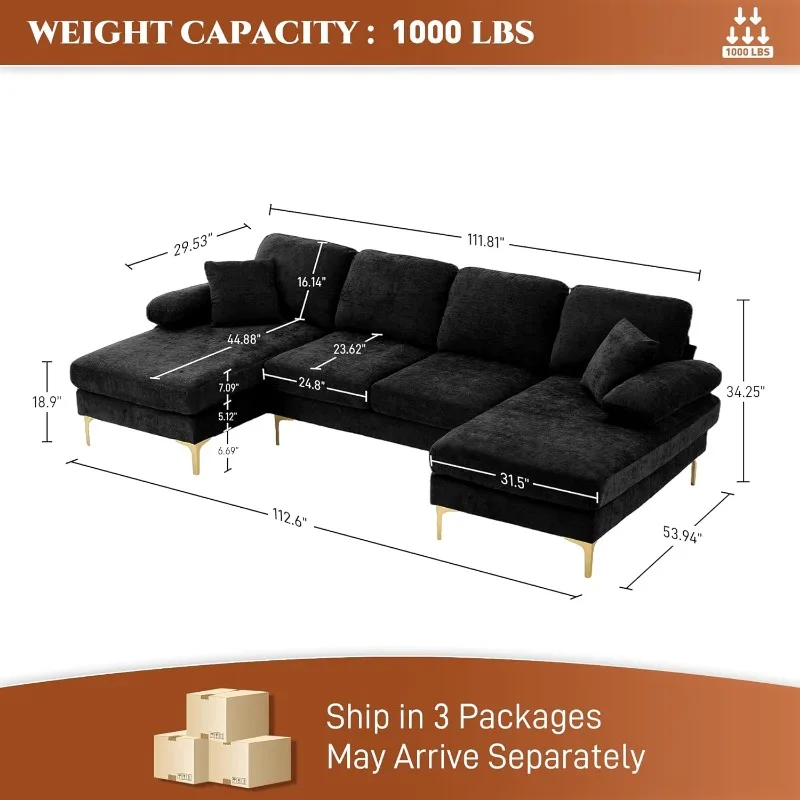 U-Shaped Sectional Sofa Couch, 4 Seat Sofa Set for Living Room, 110.6