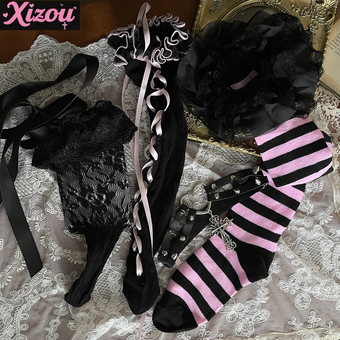 Japanese new gothic dark female pink black stripe strap lace mid tube knee thigh socks lolita girl stacked combination socks